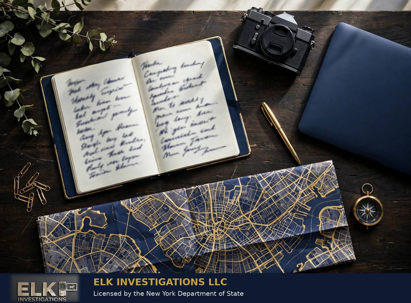 Investigator's desk with an open case notebook, camera, and a New York City map