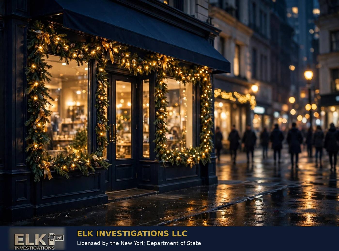 New York City retail storefront at dusk with holiday lights