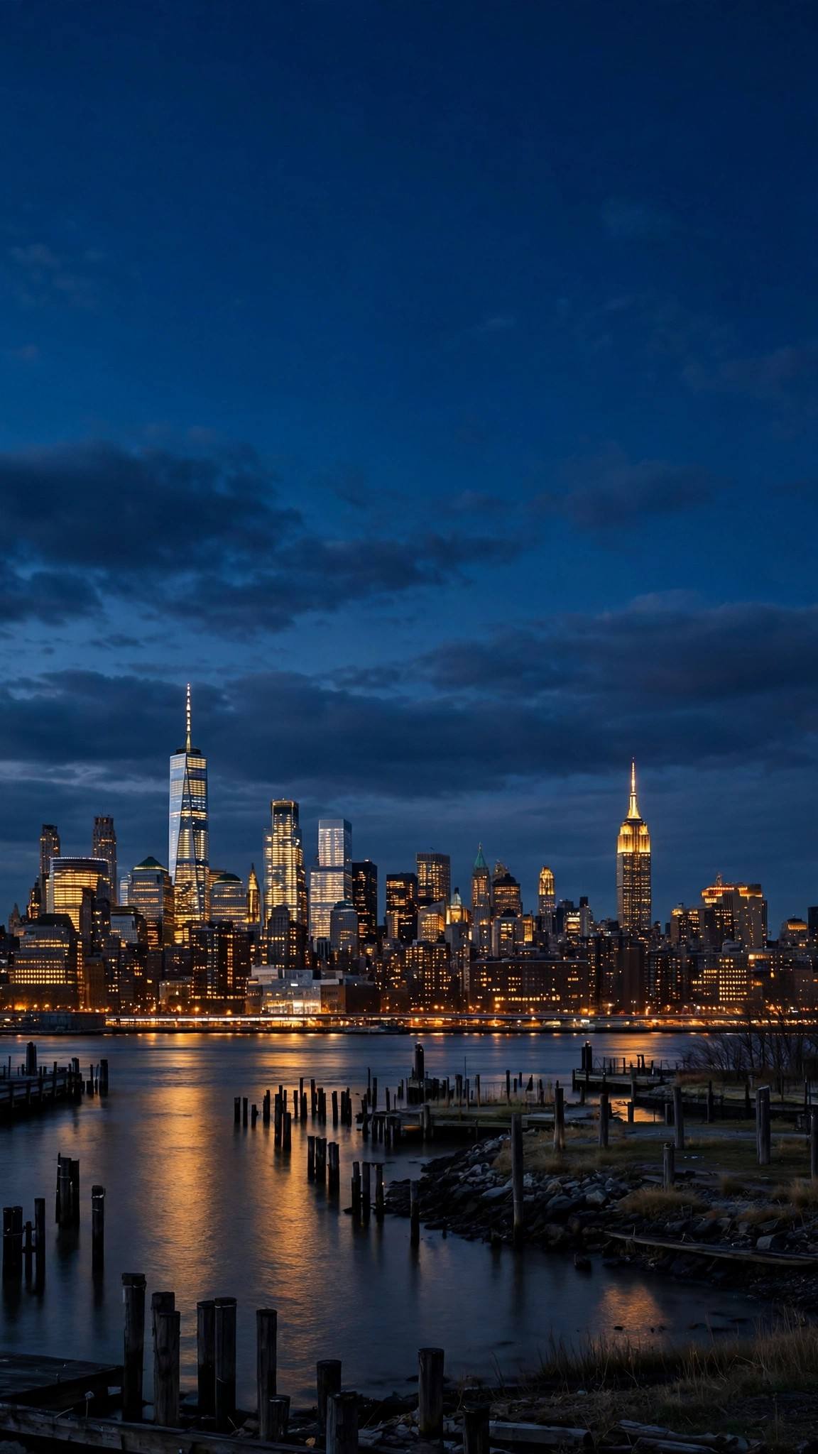 New York City skyline at dusk, viewed across the water